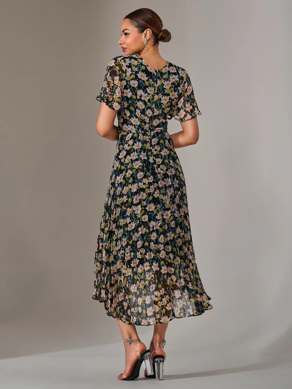 Charlotte Pleated Chiffon Midaxi Dress, Black Floral