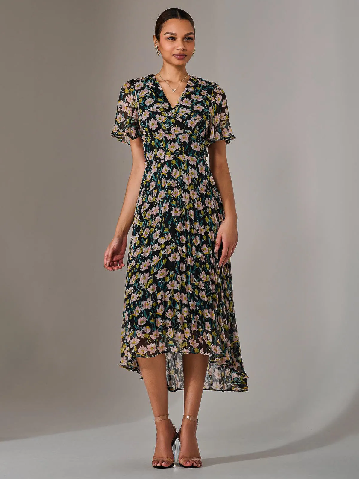 Charlotte Pleated Chiffon Midaxi Dress, Black Floral