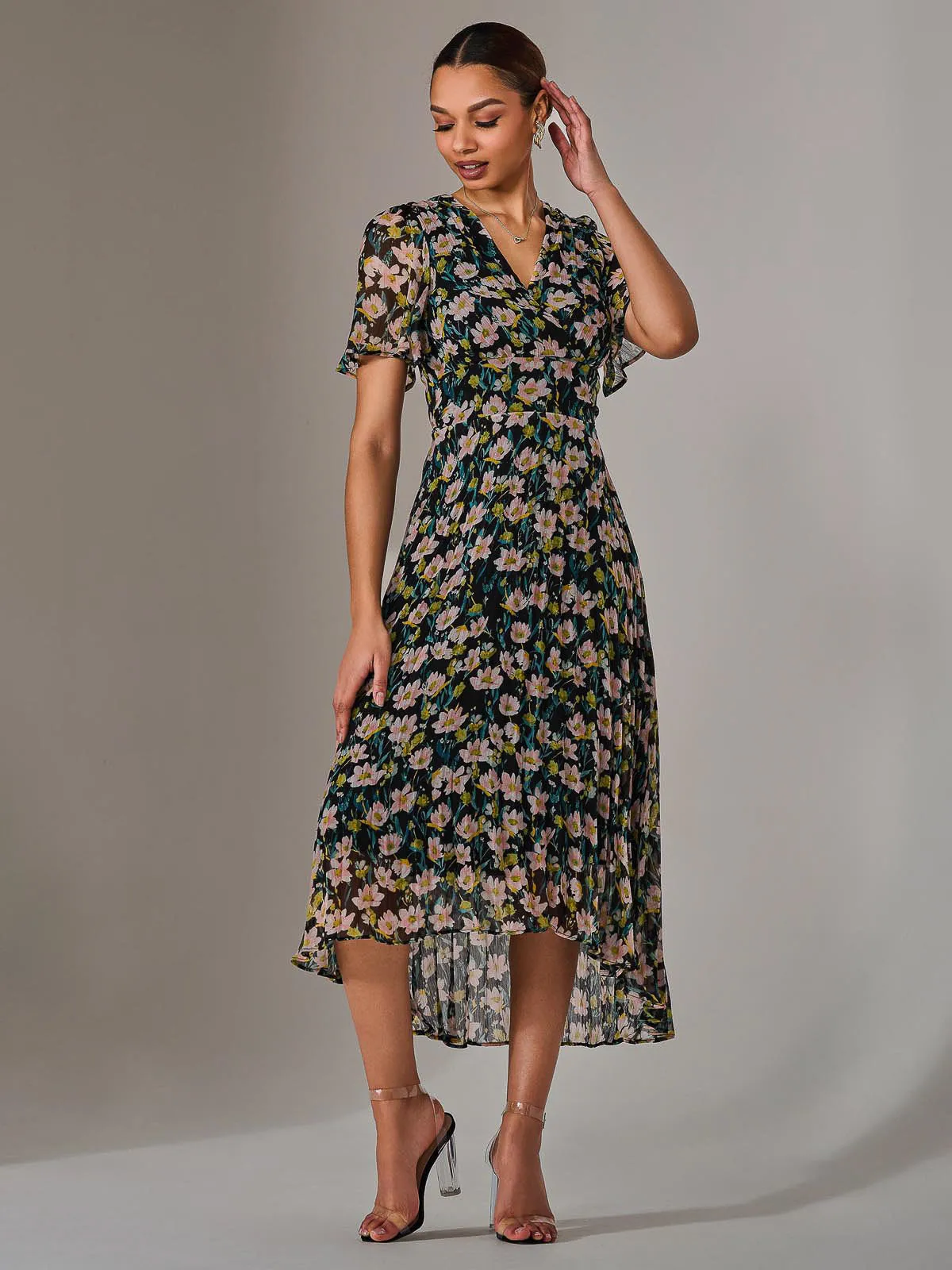 Charlotte Pleated Chiffon Midaxi Dress, Black Floral