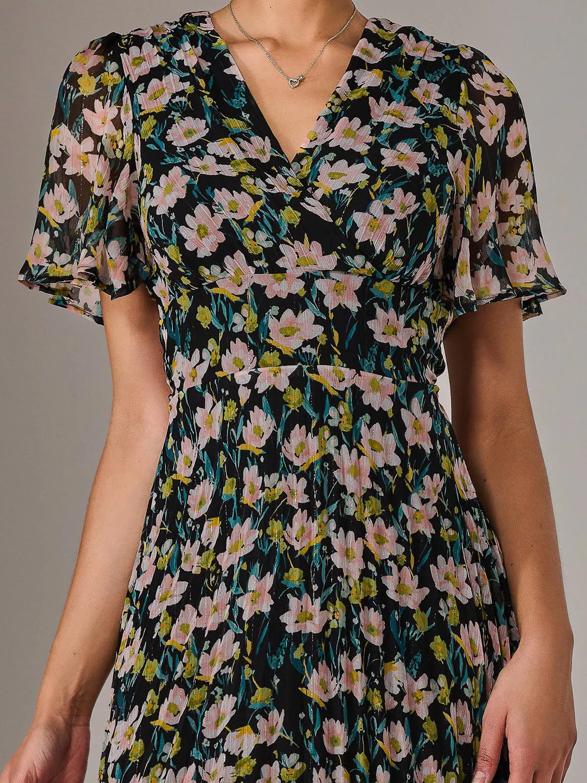 Charlotte Pleated Chiffon Midaxi Dress, Black Floral