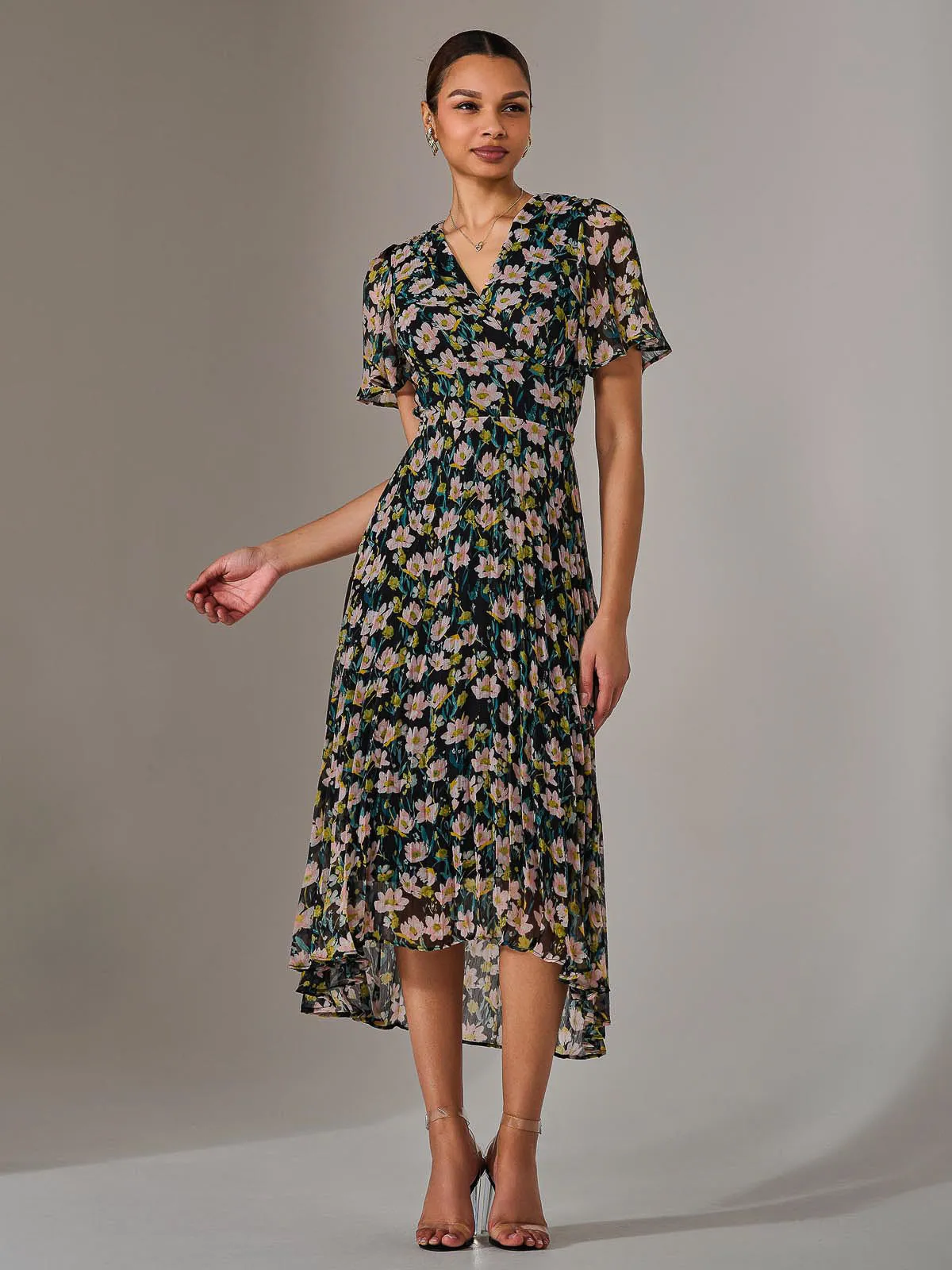 Charlotte Pleated Chiffon Midaxi Dress, Black Floral