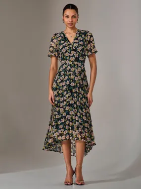 Charlotte Pleated Chiffon Midaxi Dress, Black Floral