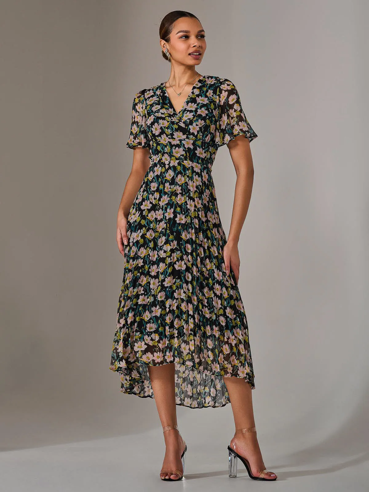 Charlotte Pleated Chiffon Midaxi Dress, Black Floral