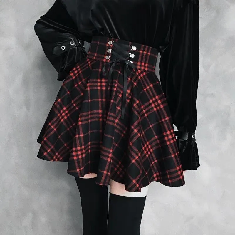 Gothic Lolita Skirt for Women / Plaid Pleated Ball Gown High Waist Skirt