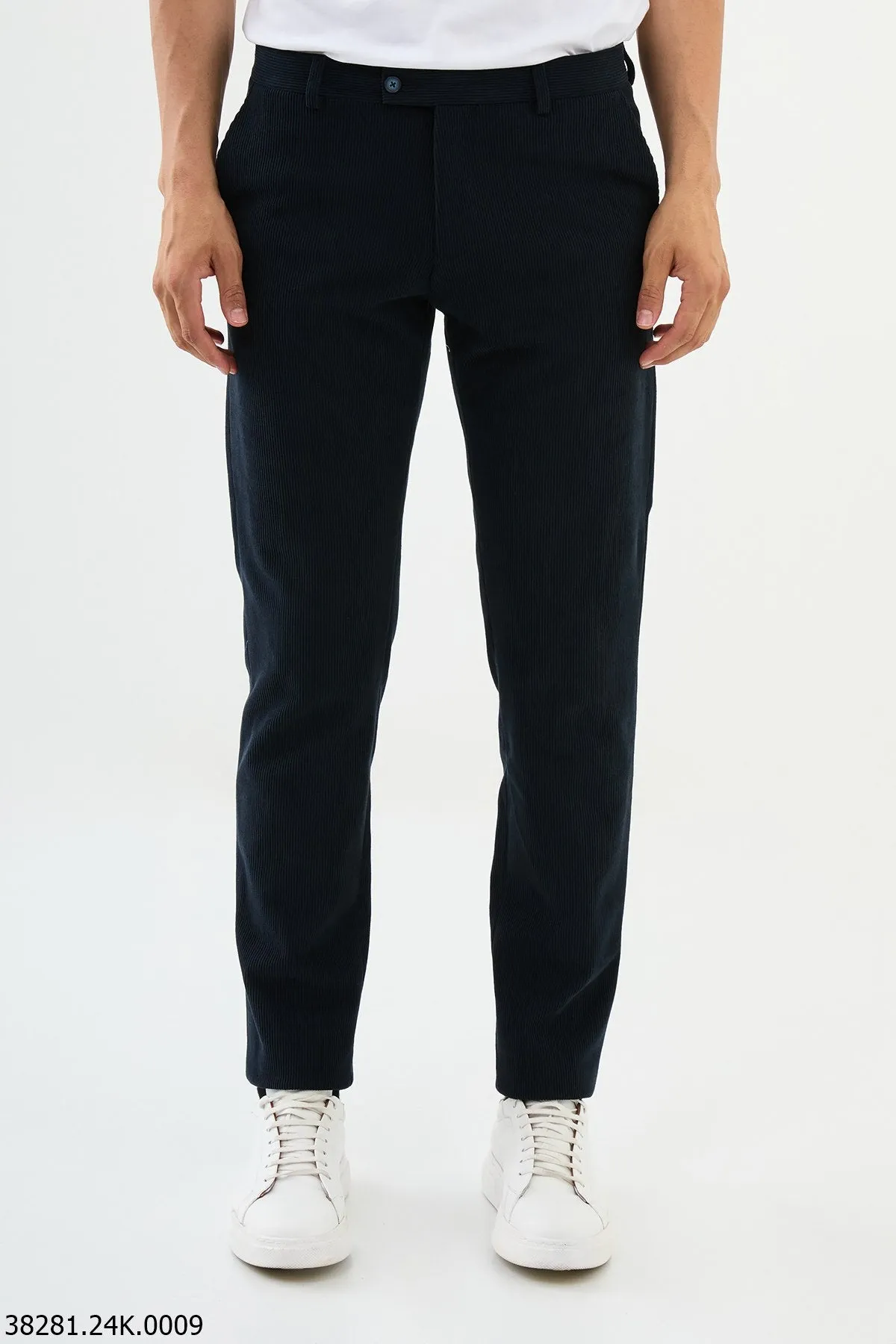 HolloMen Navy Blue Slim-Fit Ribbed Corduroy Pants.