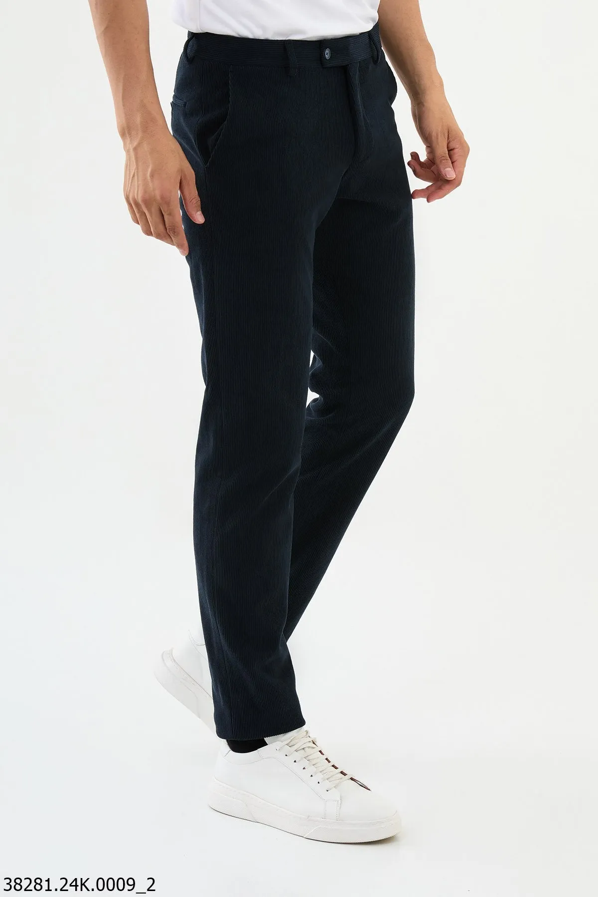 HolloMen Navy Blue Slim-Fit Ribbed Corduroy Pants.