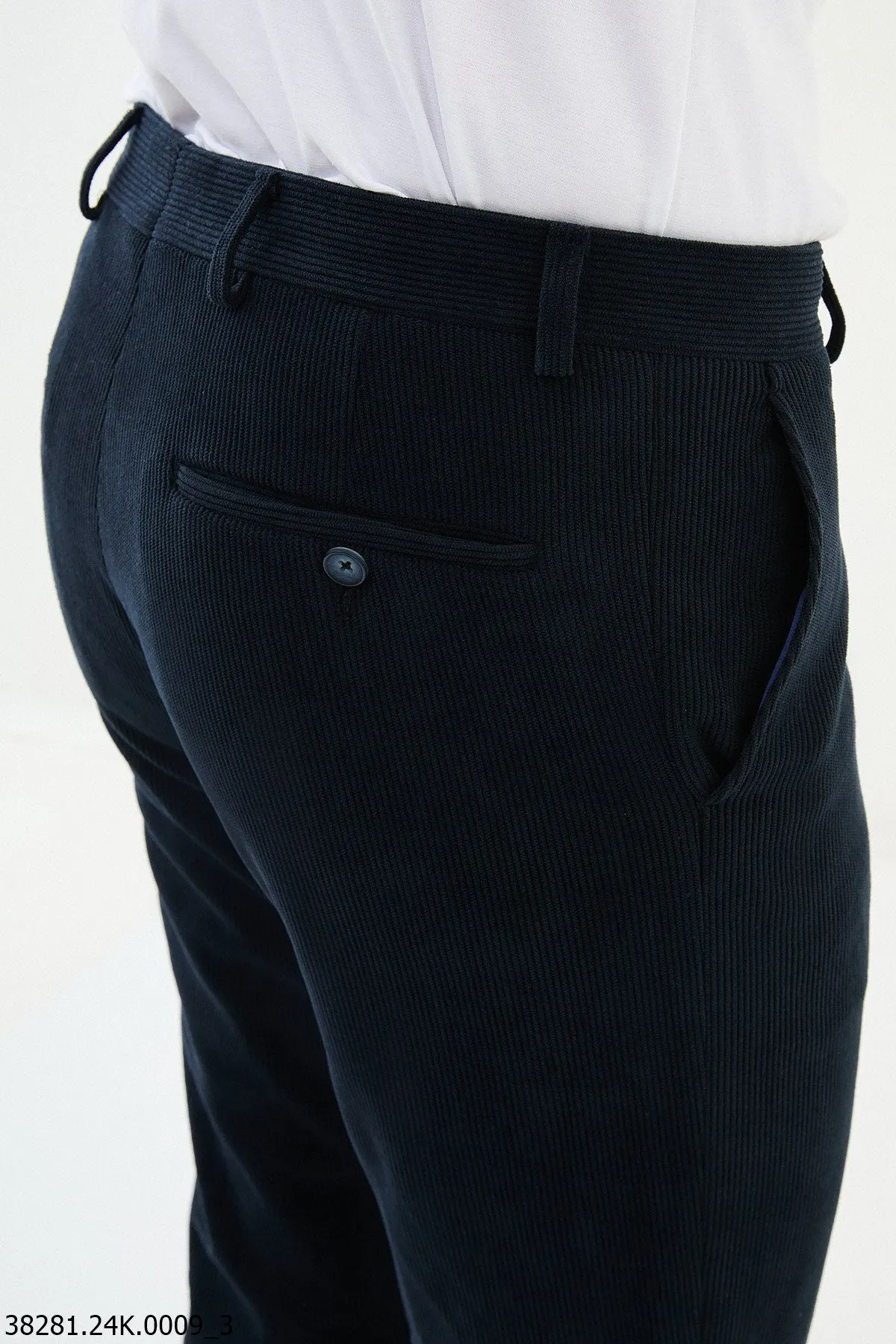 HolloMen Navy Blue Slim-Fit Ribbed Corduroy Pants.