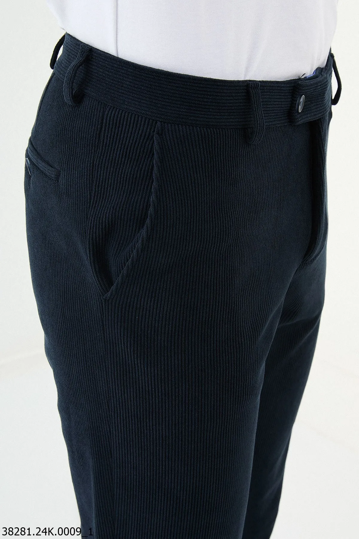 HolloMen Navy Blue Slim-Fit Ribbed Corduroy Pants.