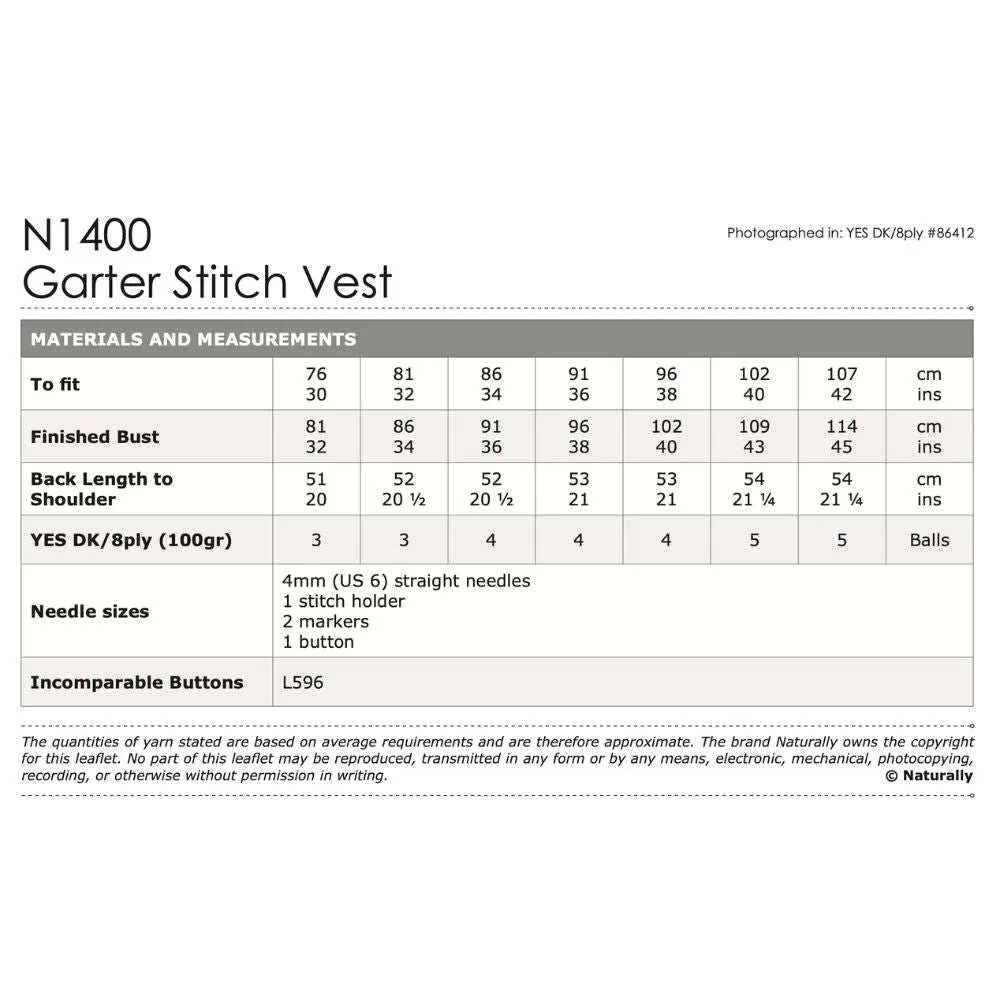 Ladies Garter Stitch Vest Knitting Pattern (N1400)