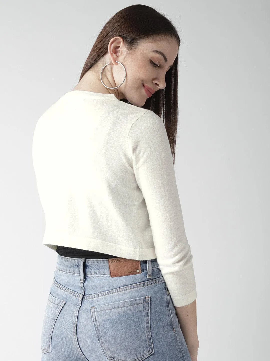 Style Quotient Women Solid Off White Cotton Smart Casual Crop Shrug