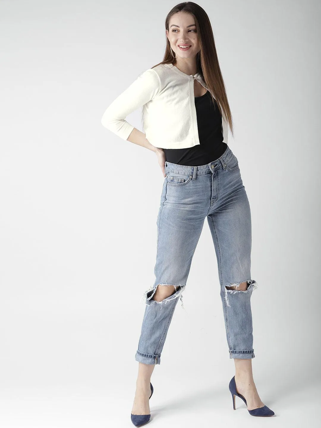 Style Quotient Women Solid Off White Cotton Smart Casual Crop Shrug