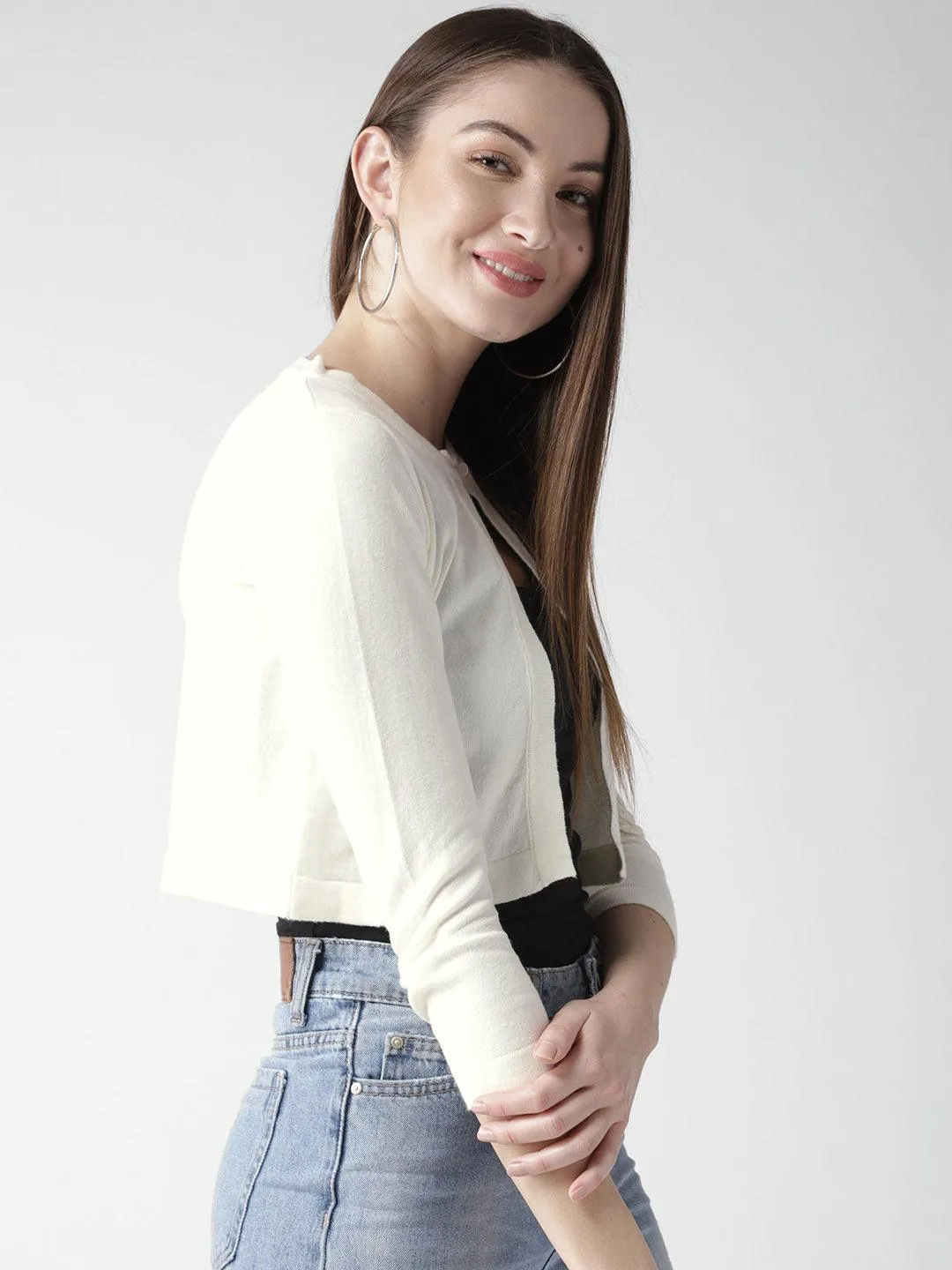 Style Quotient Women Solid Off White Cotton Smart Casual Crop Shrug