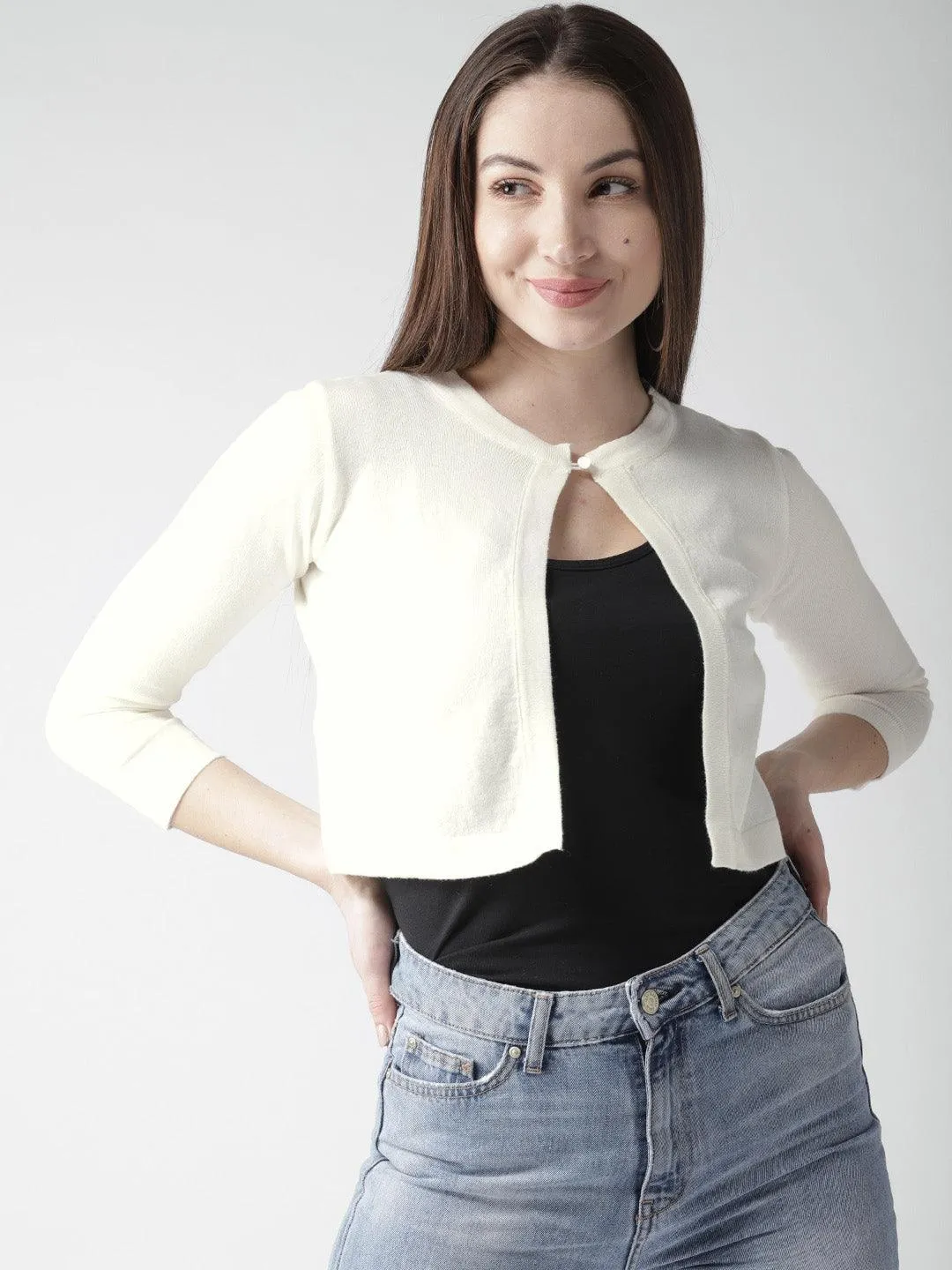 Style Quotient Women Solid Off White Cotton Smart Casual Crop Shrug