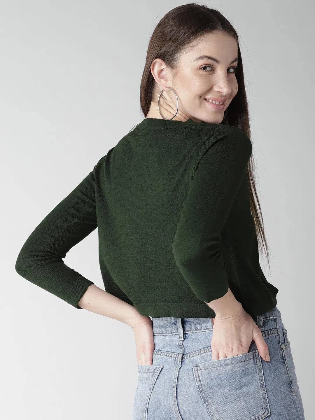 Style Quotient Women Solid Olive Cotton Smart Casual Crop Shrug