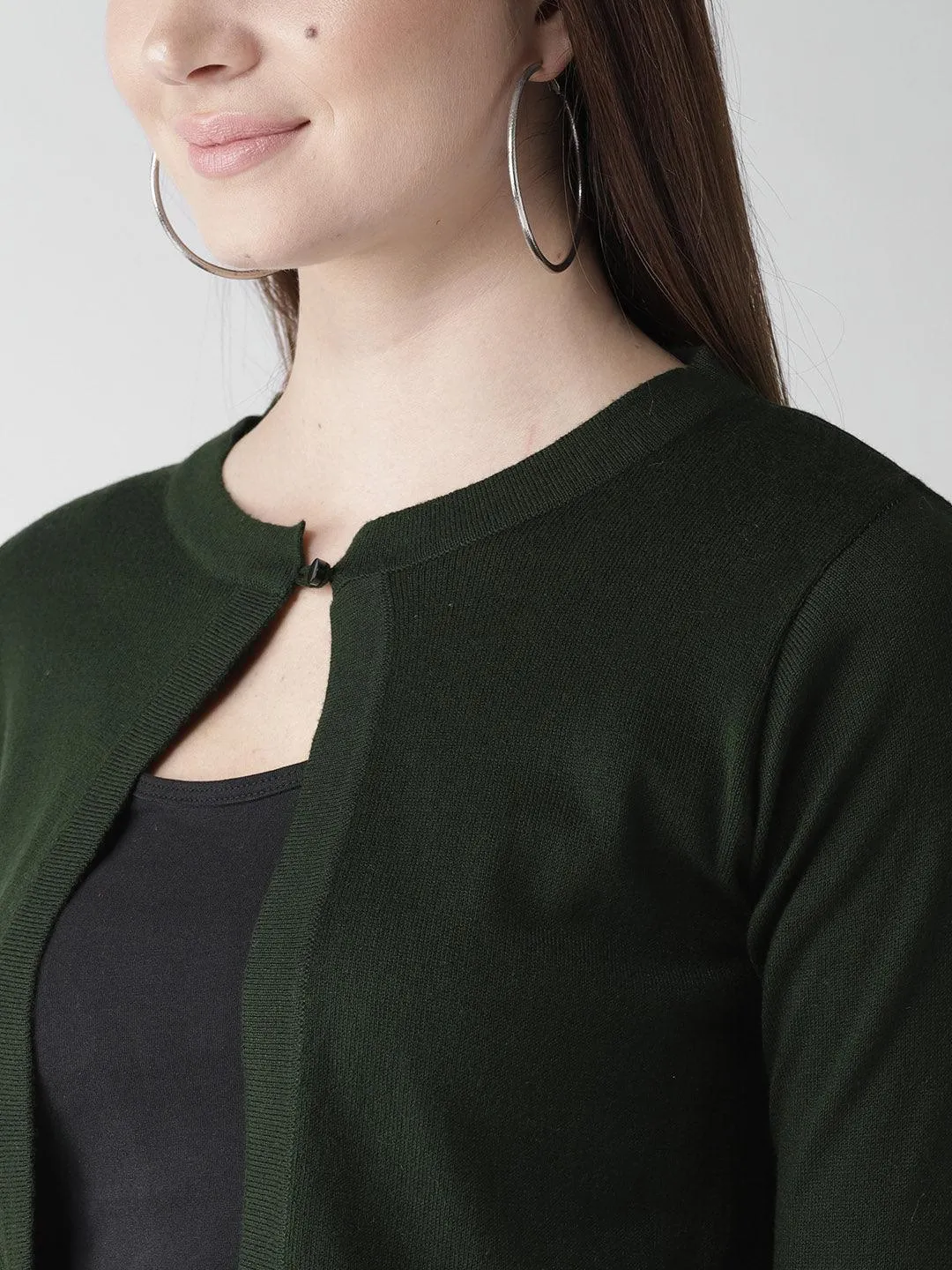 Style Quotient Women Solid Olive Cotton Smart Casual Crop Shrug