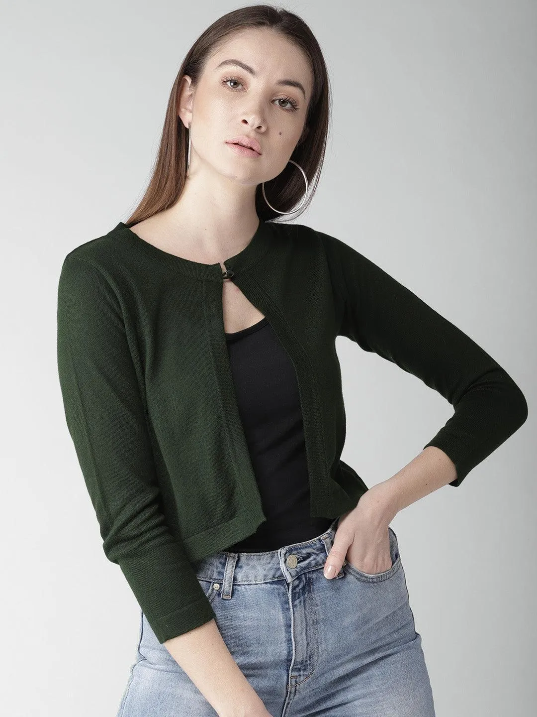 Style Quotient Women Solid Olive Cotton Smart Casual Crop Shrug