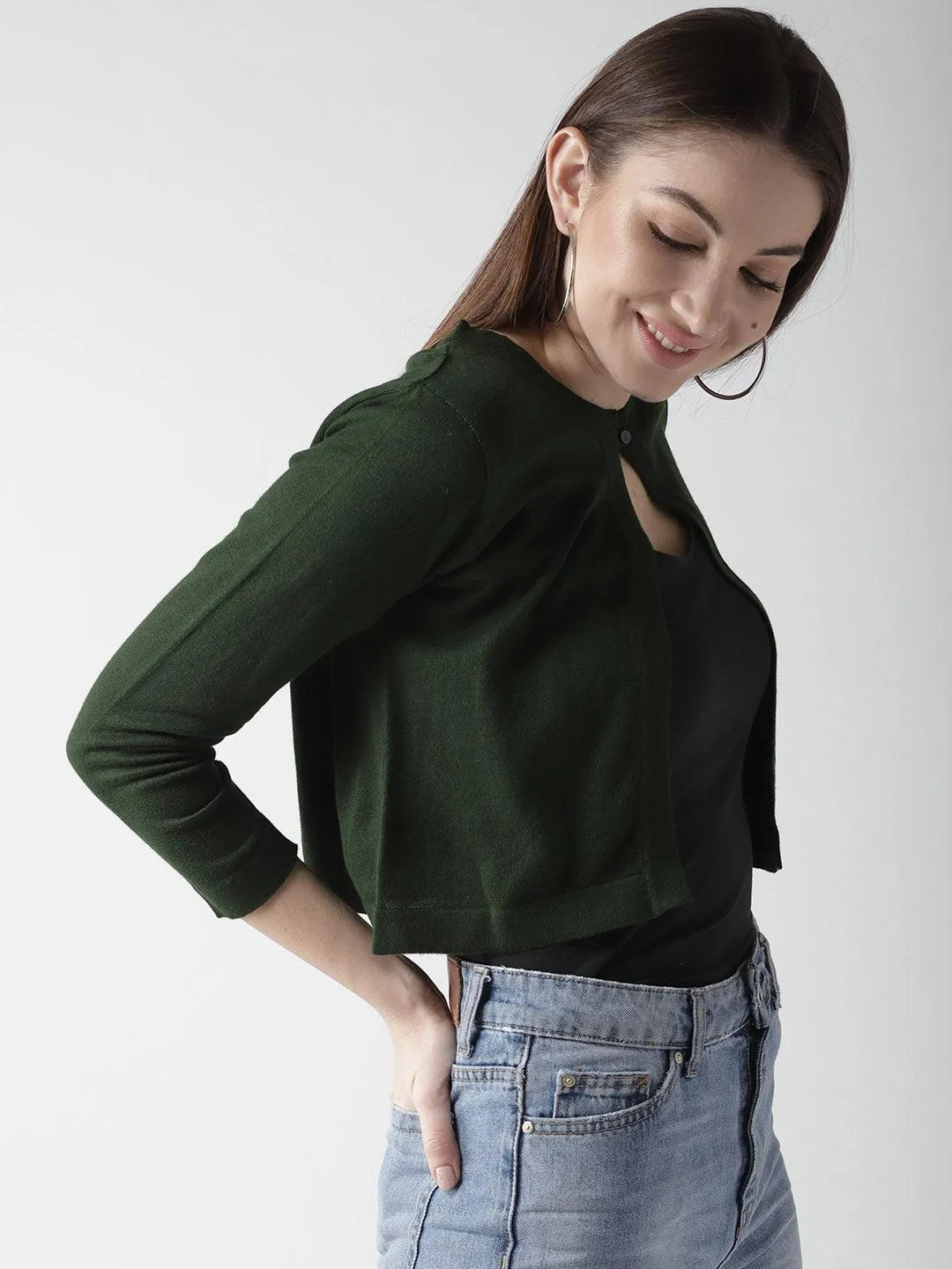 Style Quotient Women Solid Olive Cotton Smart Casual Crop Shrug