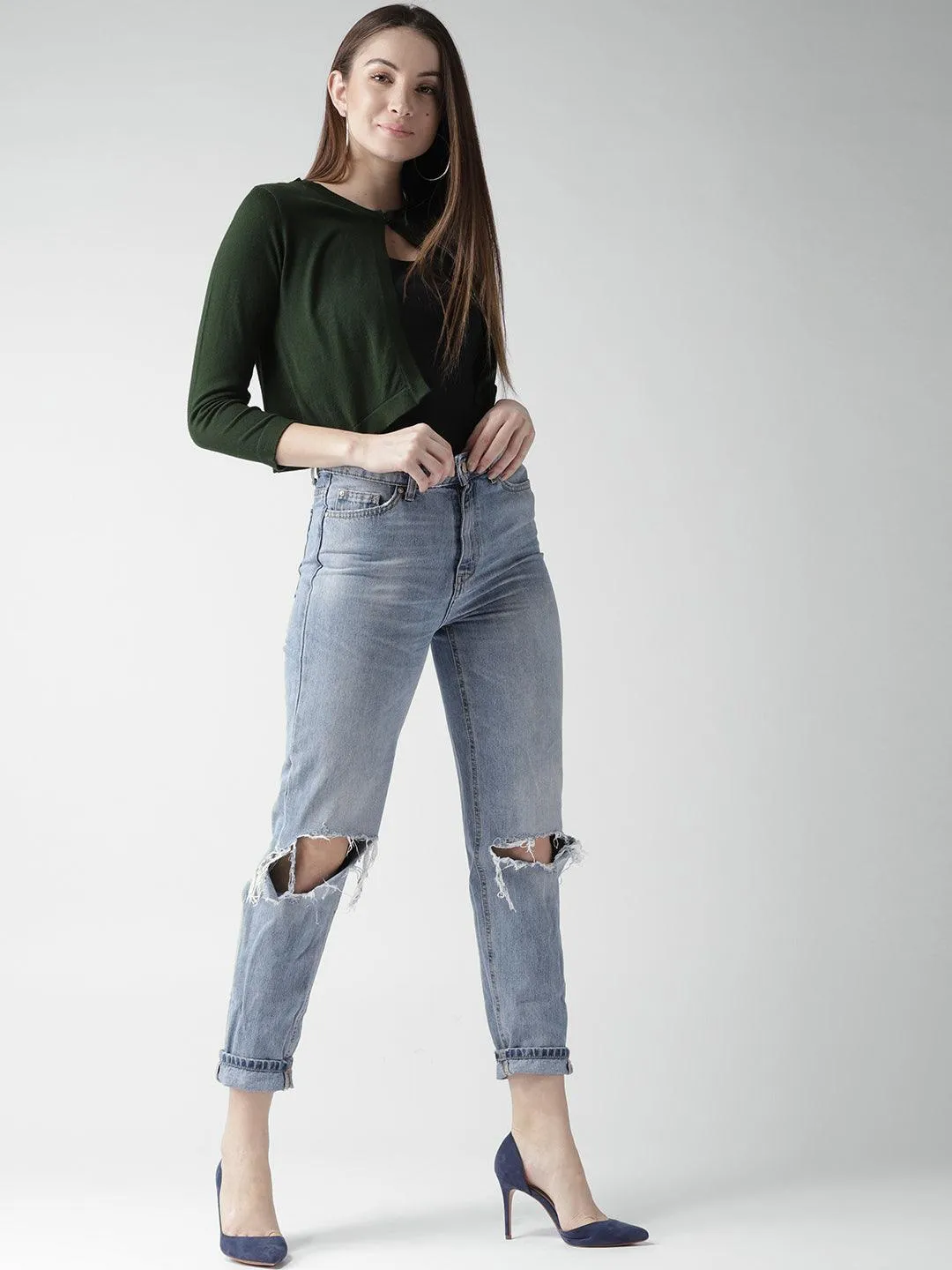 Style Quotient Women Solid Olive Cotton Smart Casual Crop Shrug