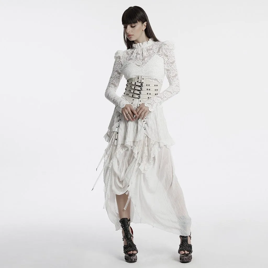 Women's Gothic Stand Collar Puff Sleeved Lace Shirt White