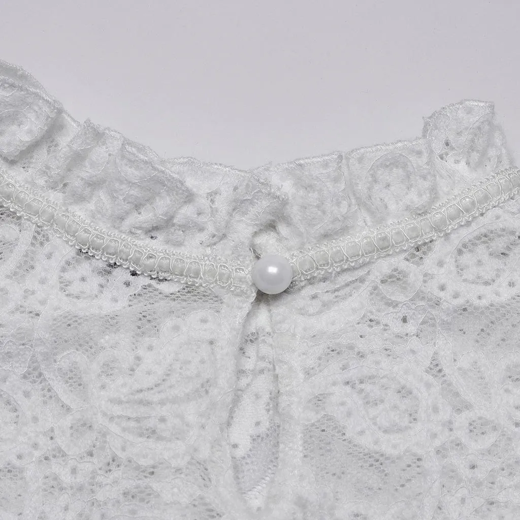 Women's Gothic Stand Collar Puff Sleeved Lace Shirt White
