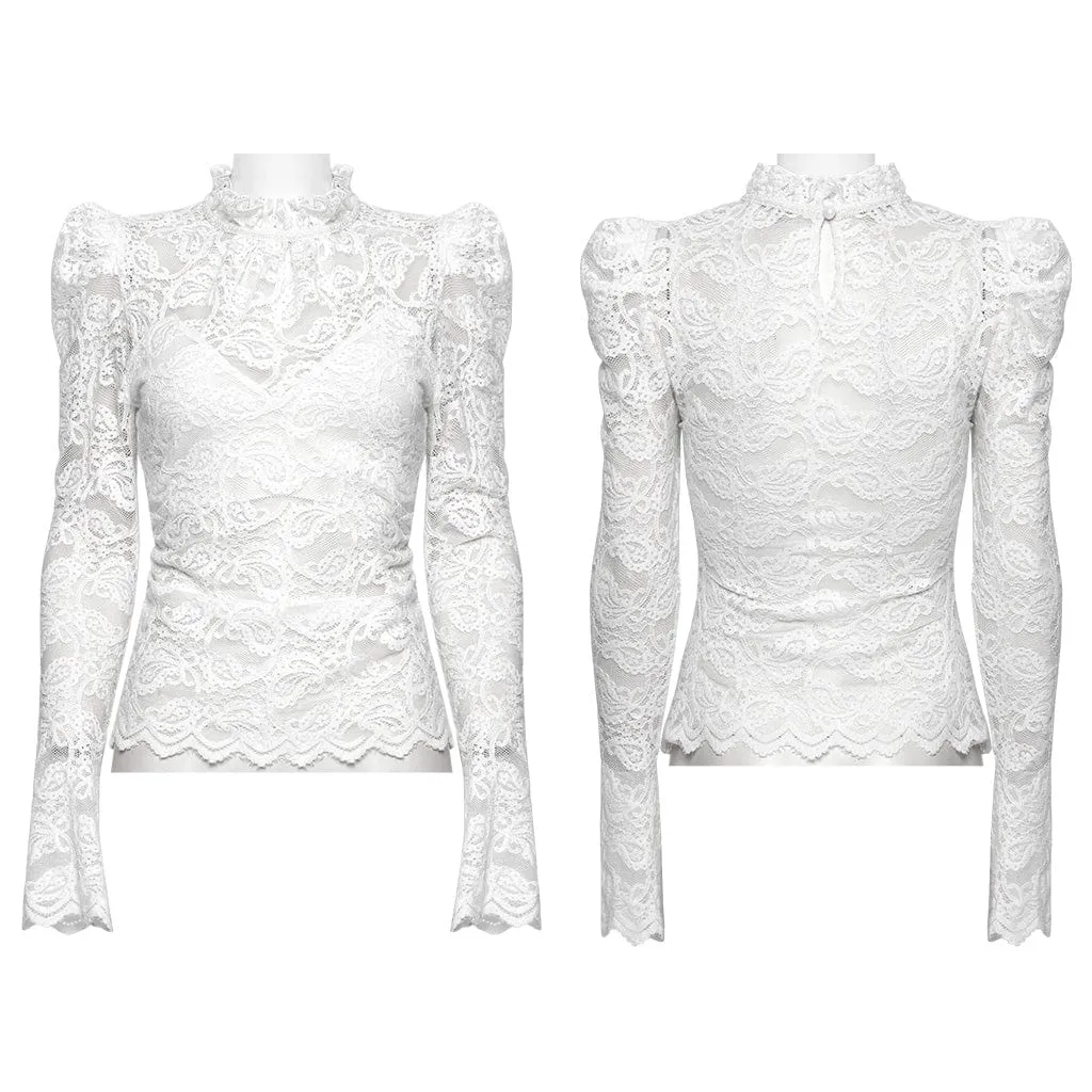 Women's Gothic Stand Collar Puff Sleeved Lace Shirt White