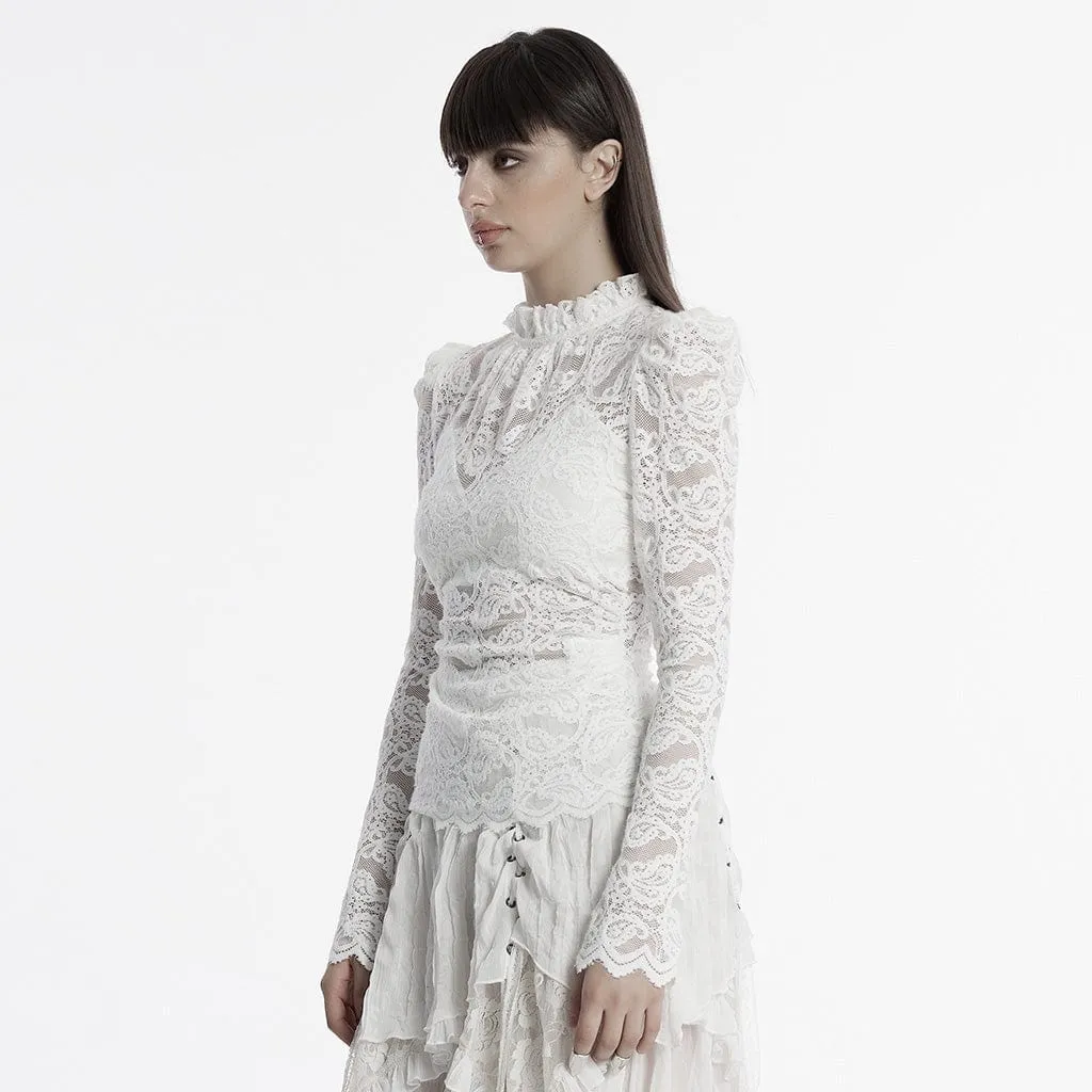 Women's Gothic Stand Collar Puff Sleeved Lace Shirt White