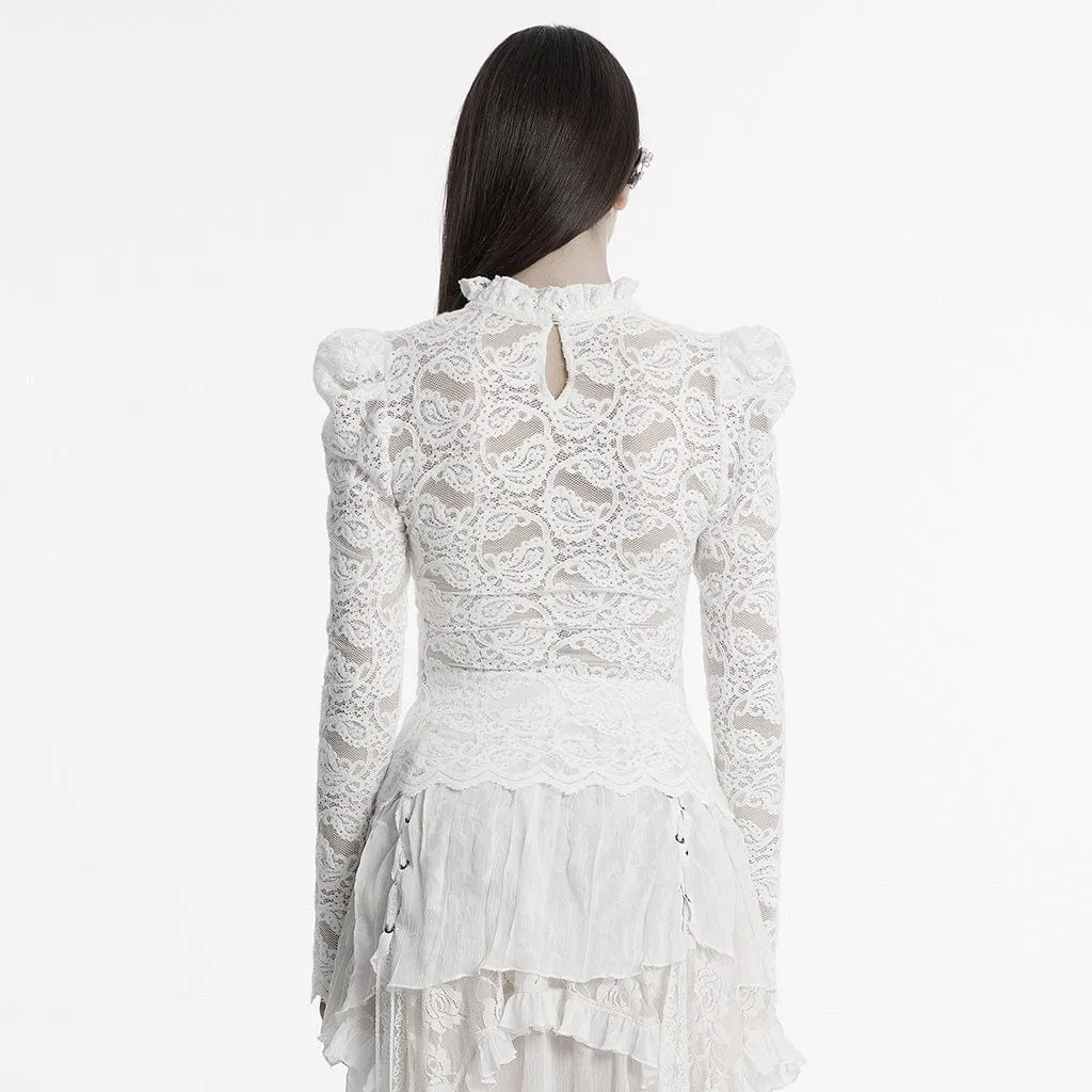 Women's Gothic Stand Collar Puff Sleeved Lace Shirt White