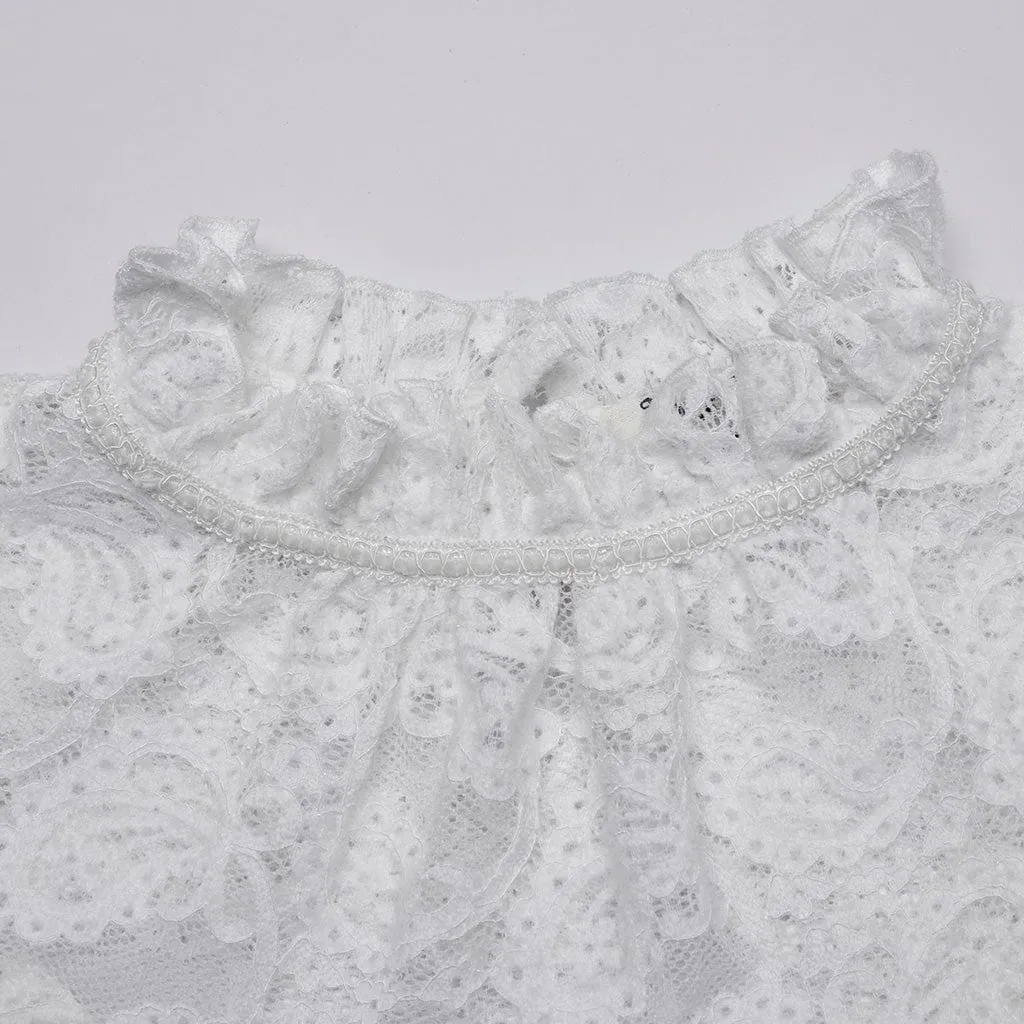 Women's Gothic Stand Collar Puff Sleeved Lace Shirt White