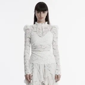 Women's Gothic Stand Collar Puff Sleeved Lace Shirt White
